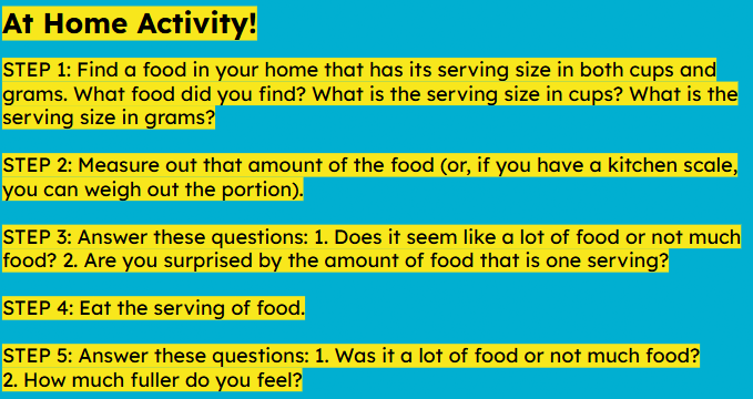 At home activity to have a snack and measure or weigh out one serving