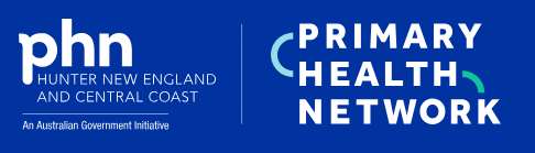 Logo featuring blue background with white text for PHN Hunter New England and Central Coast and Primary Health Network, with additional text indicating it is an Australian Government Initiative.
