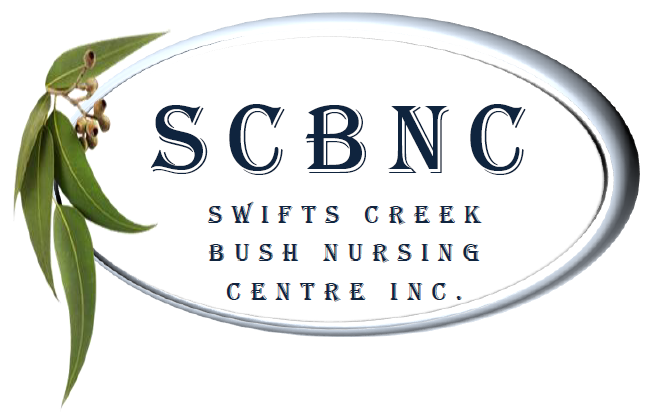 Logo for Swifts Creek Bush Nursing Centre Inc., featuring green leaves and eucalyptus branches surrounding the text.