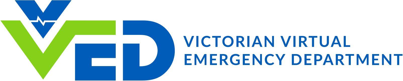 Logo for the Victorian Virtual Emergency Department, featuring a stylized 'VVED' with a green checkmark and a blue medical star, alongside the text 'VICTORIAN VIRTUAL EMERGENCY DEPARTMENT'