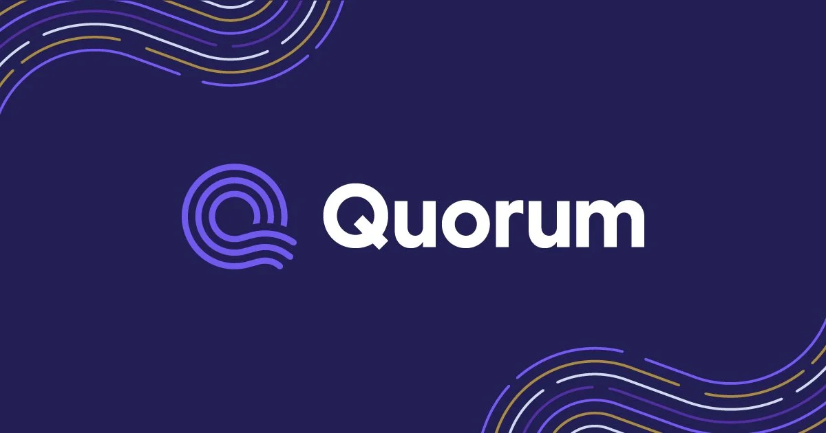The logo of Quorum with a stylized purple 'Q' and the company name in white against a dark blue background with abstract purple and gold line designs.