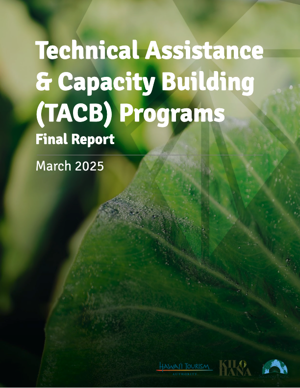 Cover of the “Technical Assistance & Capacity Building (TACB) Programs Final Report, March 2025” featuring a close-up of a green taro leaf with dew.