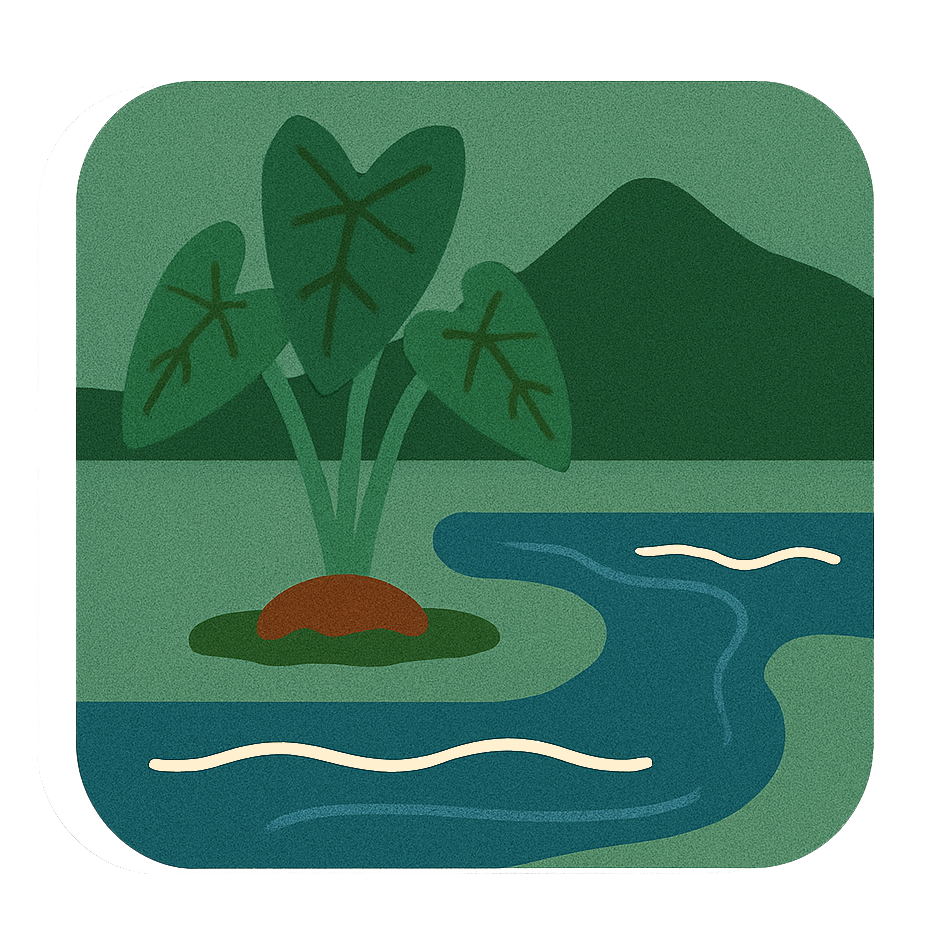 Taro plant by a stream with mountains in the distance.