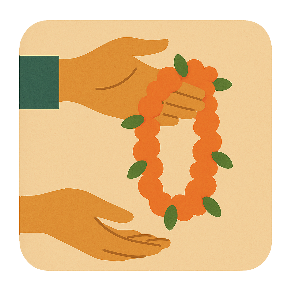 One hand offering a flower lei to another.