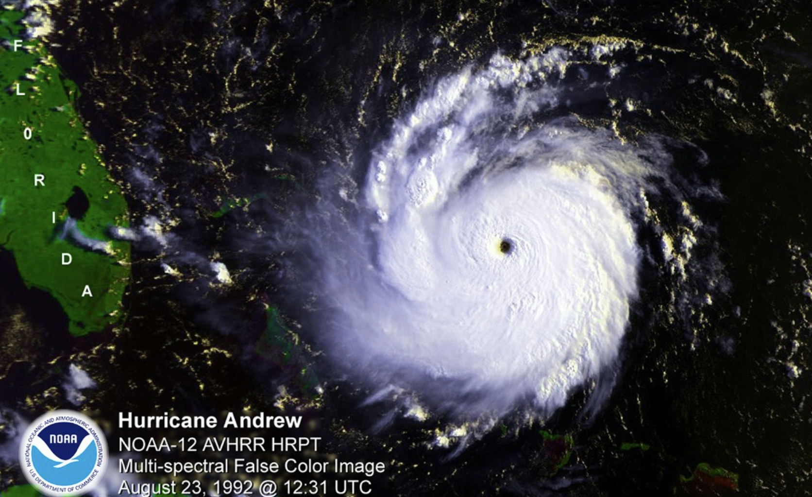 NOAA satellite image of Hurricane Andrew approaching Florida, 1992