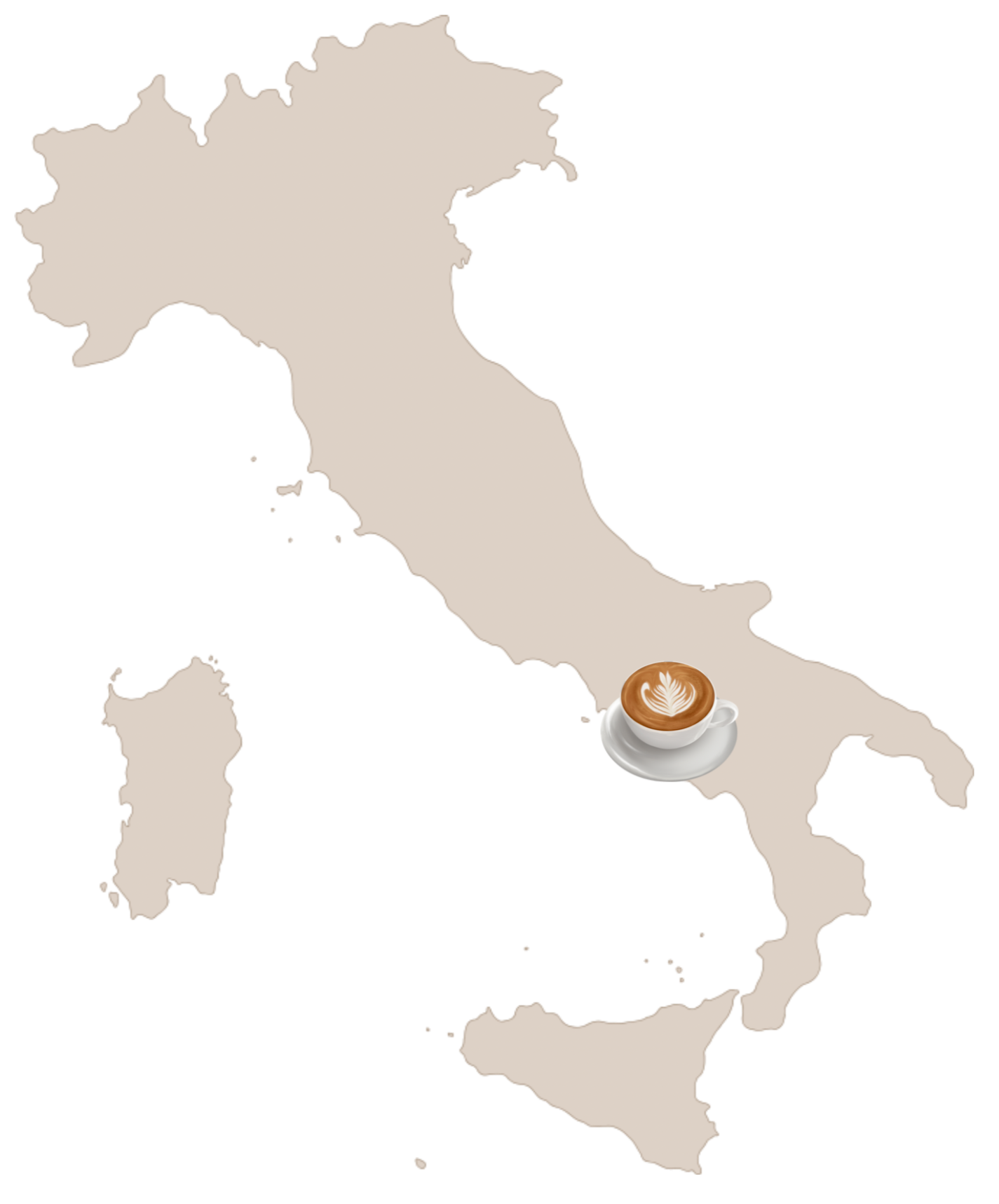 Map of Italy with a coffee cup illustration on the southeastern coast.