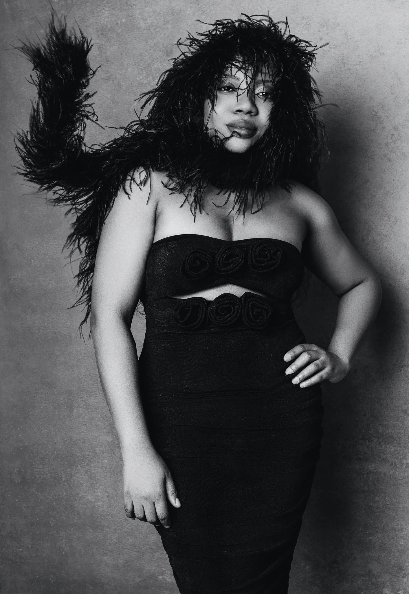 Editorial Portrait in Black Feathered Couture