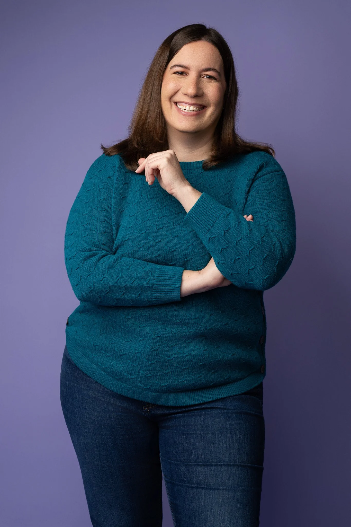 Modern Branding Portrait of Woman in Teal Sweater on Purple Backdrop