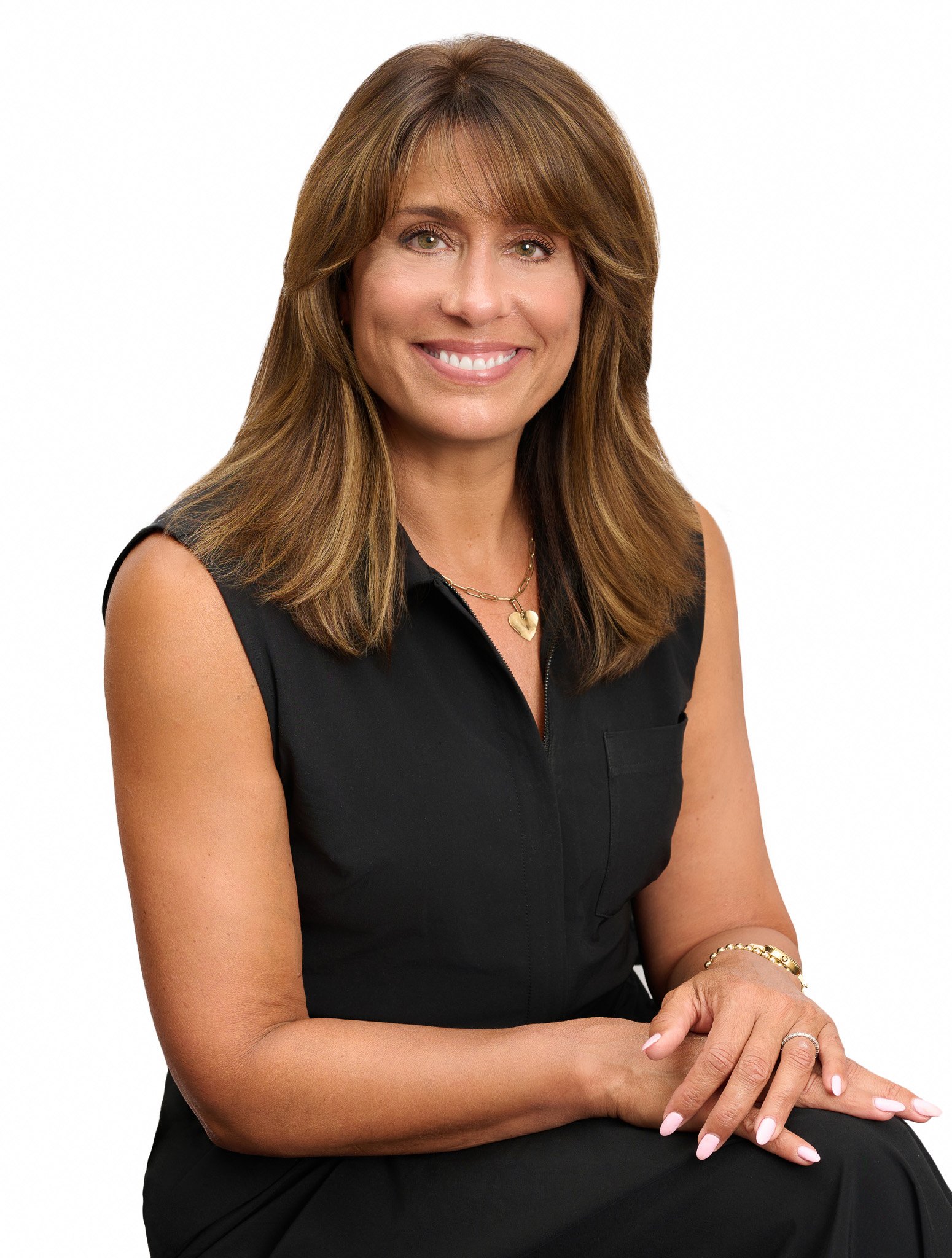 Classic Professional Headshot of Woman in Black Dress on White Background