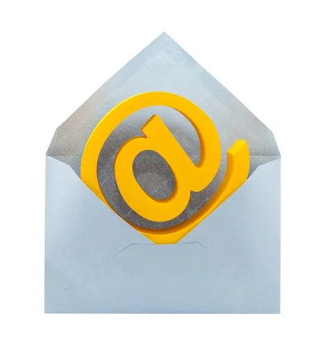 An envelope contains a yellow 3D at symbol (@) with a curl at the bottom, representing email or communication.