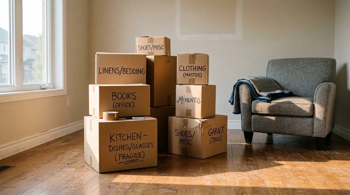 Packed moving boxes in an empty living room during a military relocation to Petawawa, Ontario