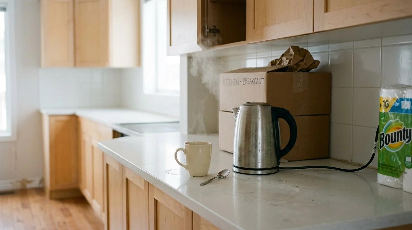 Kitchen in a new Petawawa home on moving day with boxes still stacked against the wall