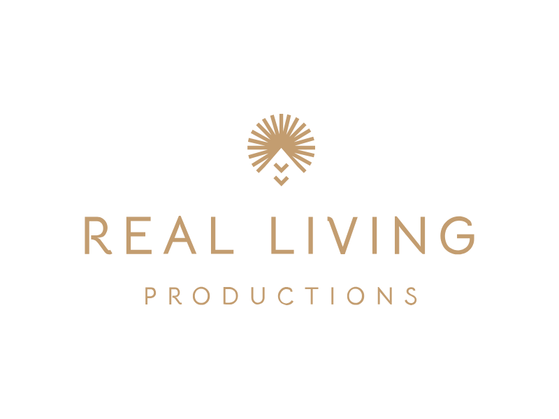 Logo for Real Living Productions, featuring a stylized tree or palm design above the text 'Real Living Productions' in tan font on a black background.