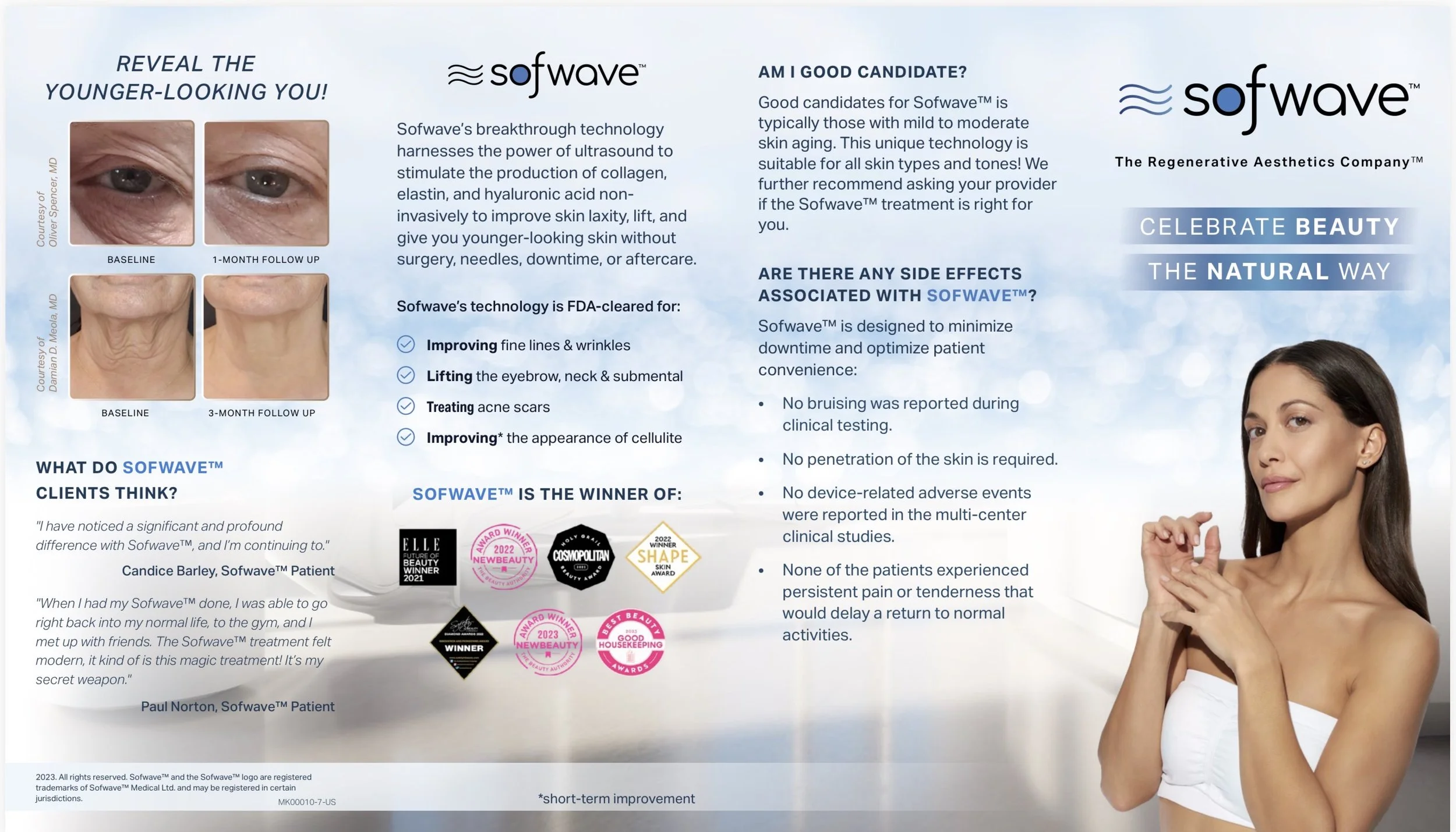 A promotional flyer for Sofwave featuring before and after images showing the reduction of wrinkles around the eyes and neck over one and three months, with a woman on the right displaying smooth skin.