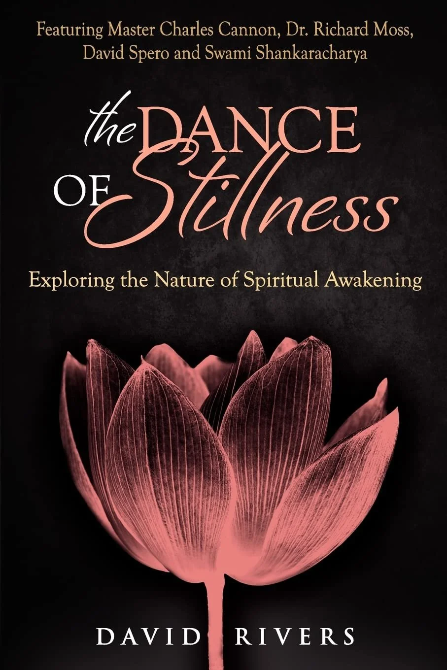Cover of a book titled 'The Dance of Stillness: Exploring the Nature of Spiritual Awakening' by David Rivers. The cover features a stylized pink lotus flower on a black background.