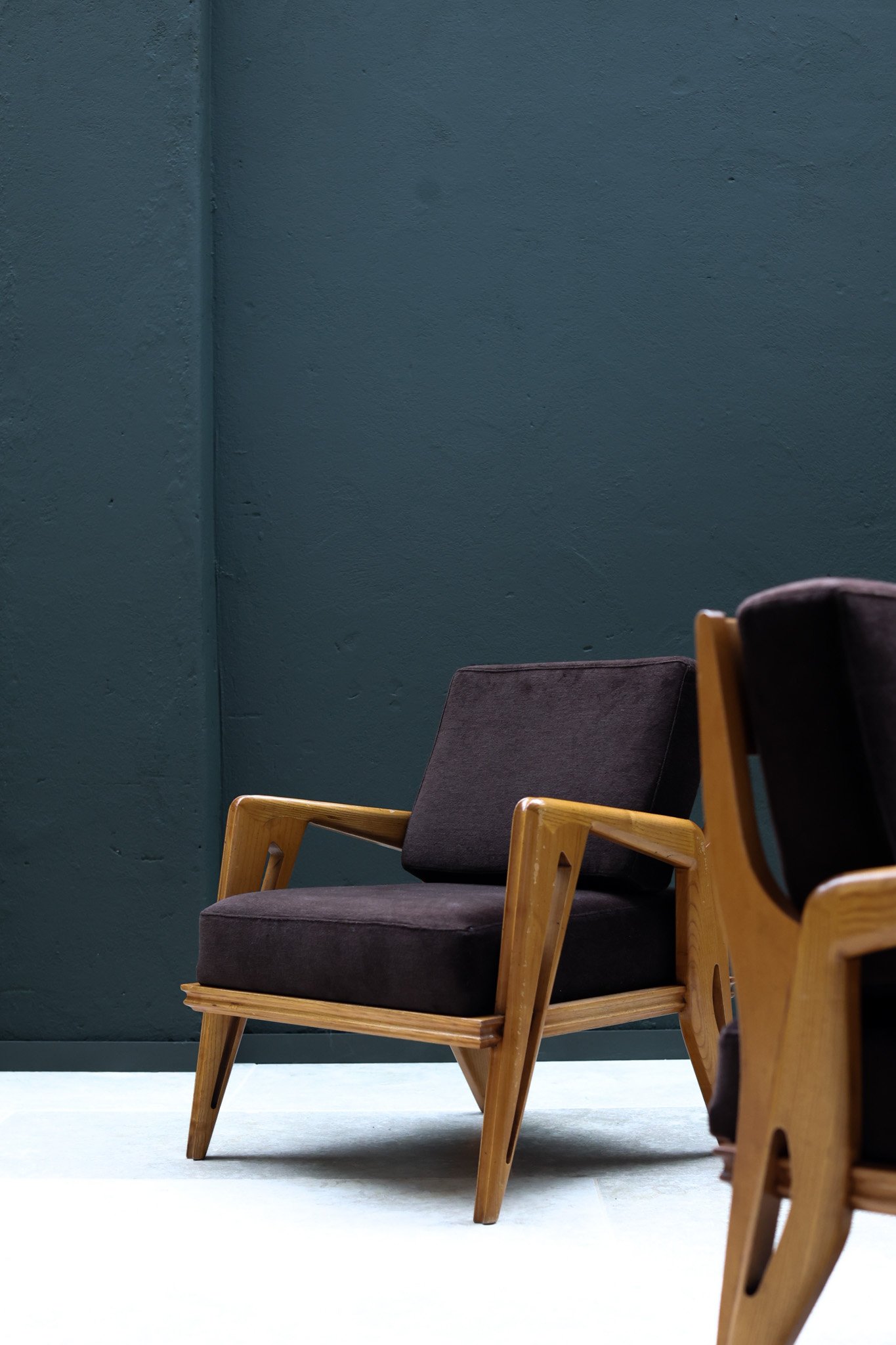 Vintage Set of Two Armchairs by FRANCO CAMPO & CARLO GRAFFI in wood, mohair, cotton (reupholstered), 1960 — by “Home” Italië