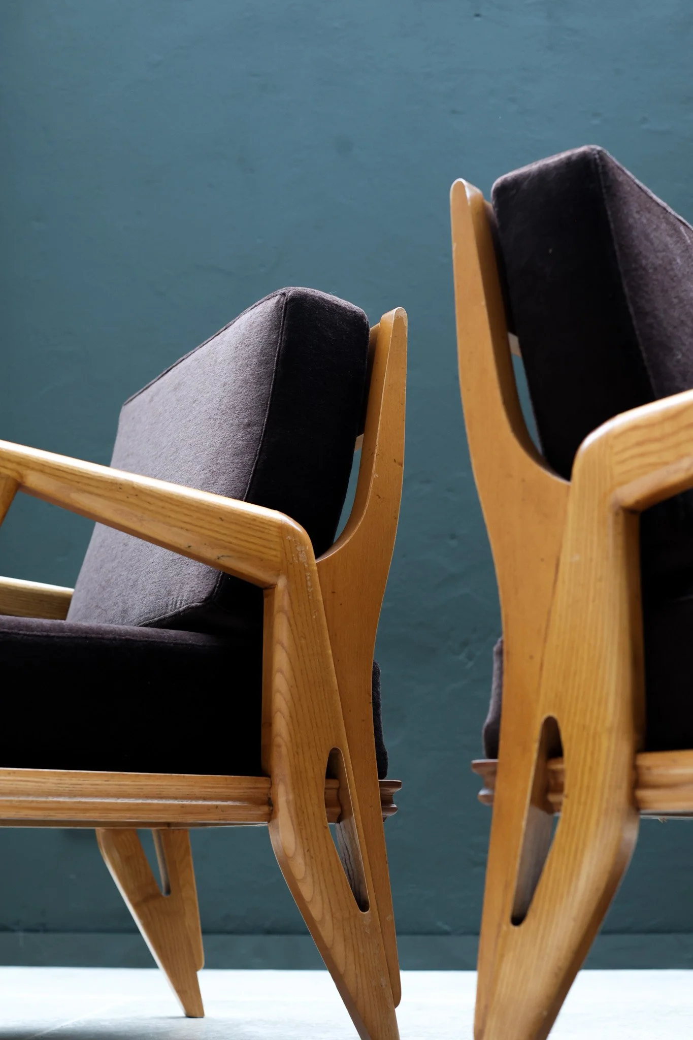 Vintage Set of Two Armchairs by FRANCO CAMPO & CARLO GRAFFI in wood, mohair, cotton (reupholstered), 1960 — by “Home” Italië