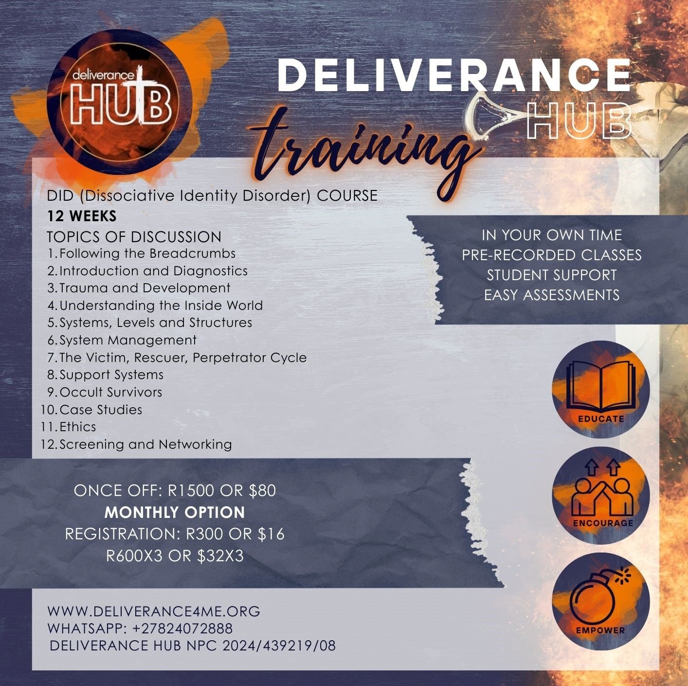 Flyer for Deliverance HUB training on Dissociative Identity Disorder (DID), 12-week course with topics like trauma, systems, and case studies, offering flexible learning options and contact information.