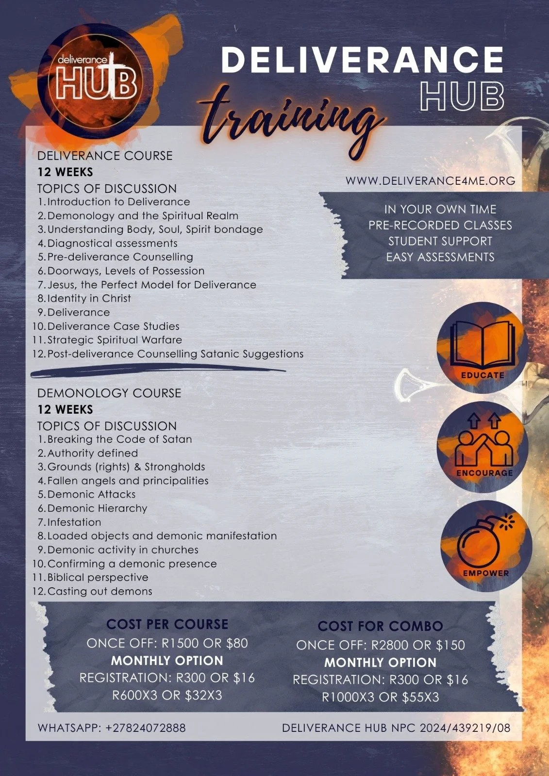Flyer for Deliverance Hub training courses, including a 12-week Deliverance Course covering topics like spiritual bondage, assessments, and case studies, and a 12-week Demonology Course on topics like satanic code, demonic attacks, and casting out de