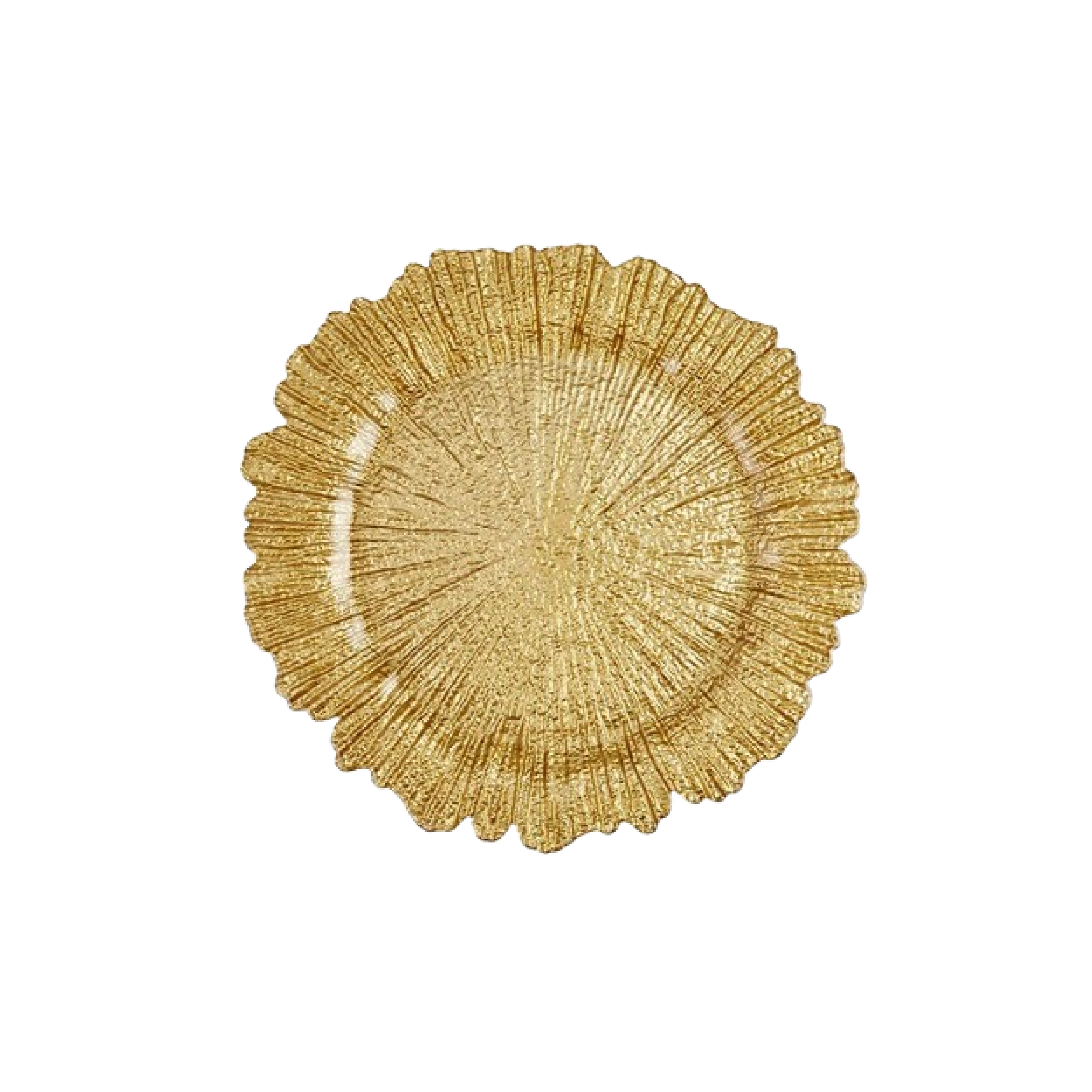 Gold decorative plate with a distinctive textured radial pattern on a white background.