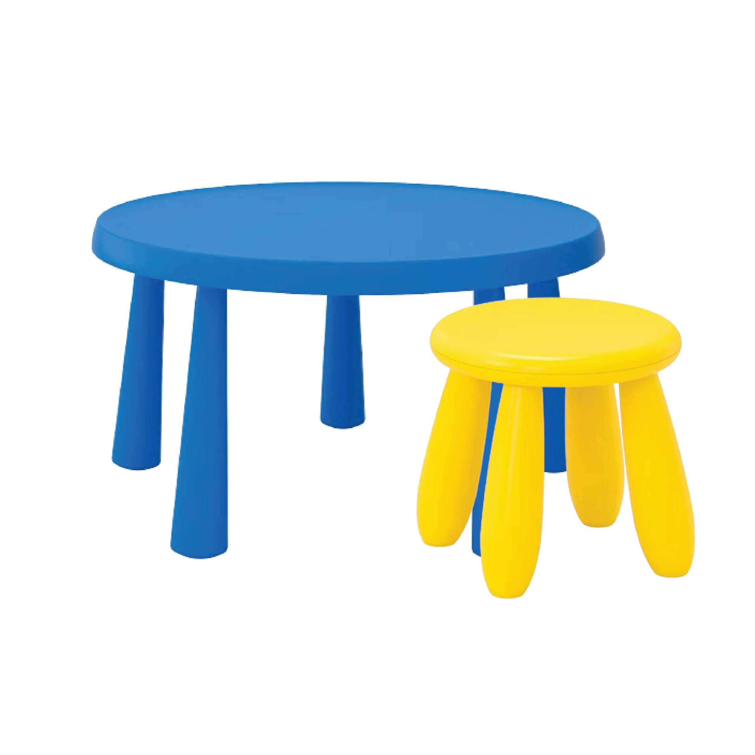 Colorful children's table with a blue top and four legs, paired with a yellow round stool with four rounded legs.