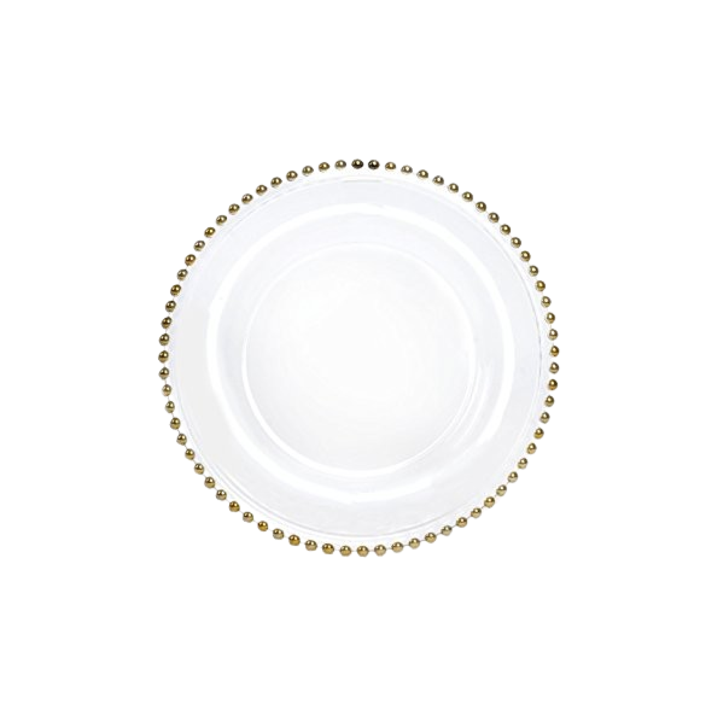 A white round plate with gold decorative dots along the rim, viewed from above against a white background.