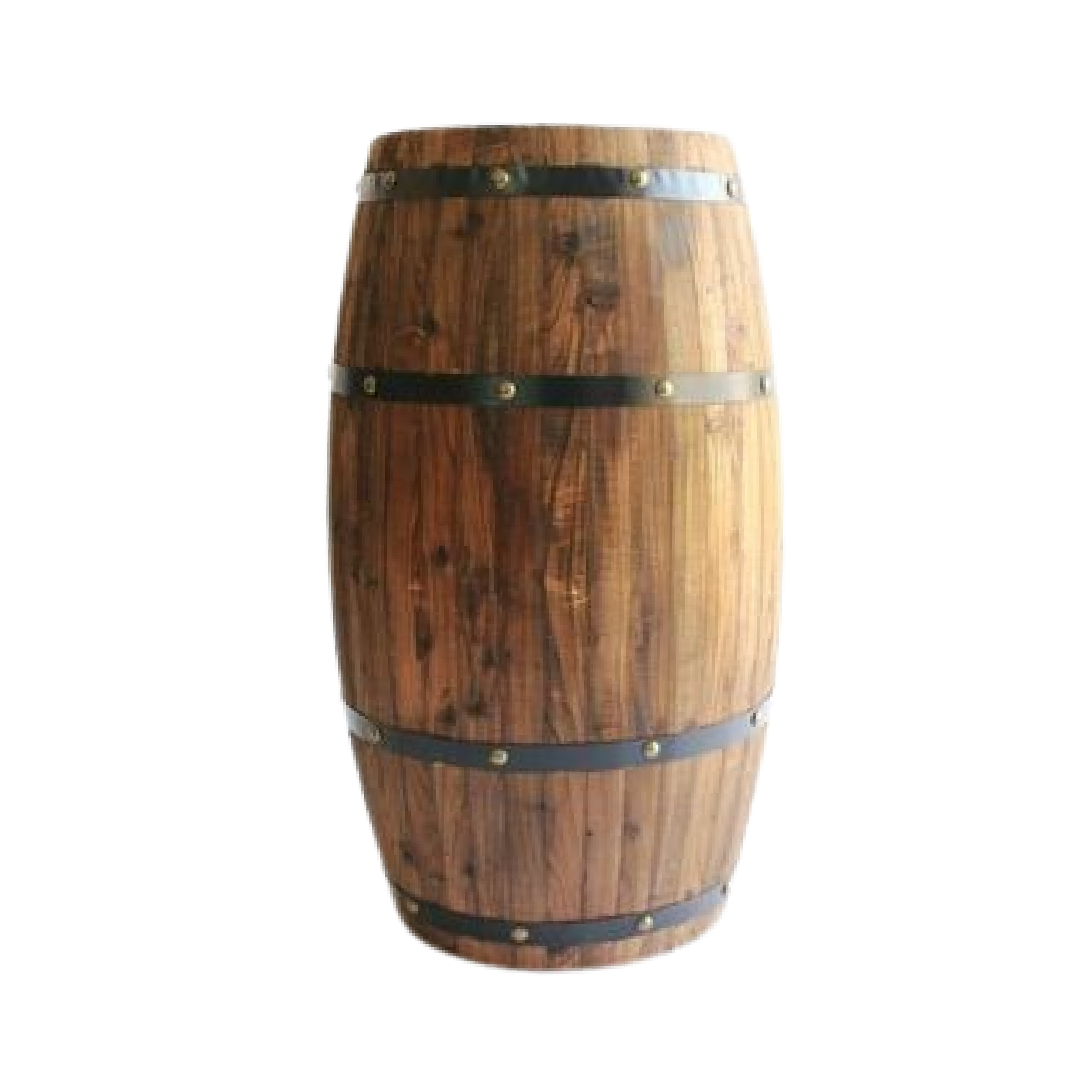 Wooden barrel with metal bands, isolated on a white background.