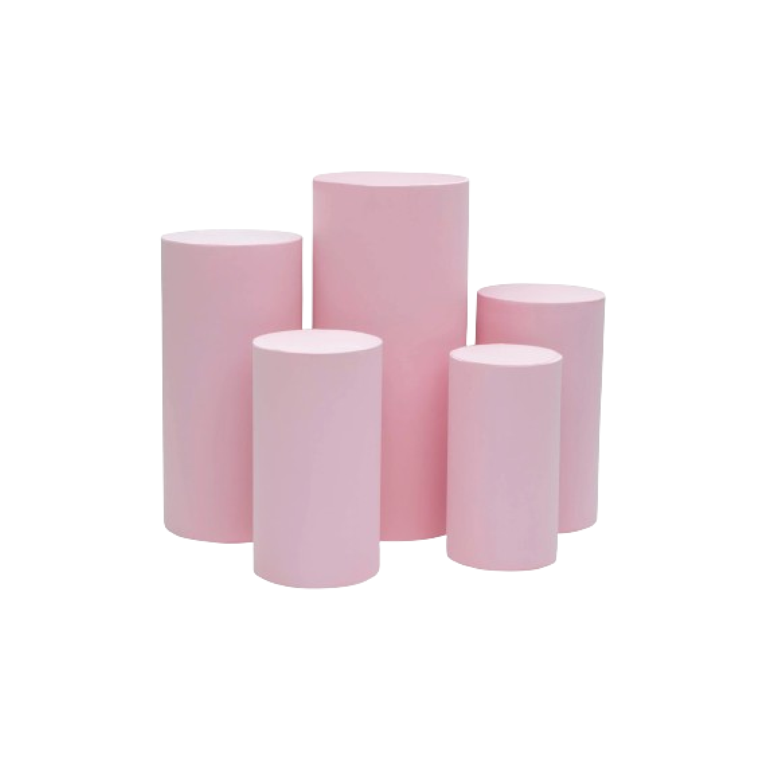 Five pink cylindrical cake stands of varying heights against a white background.