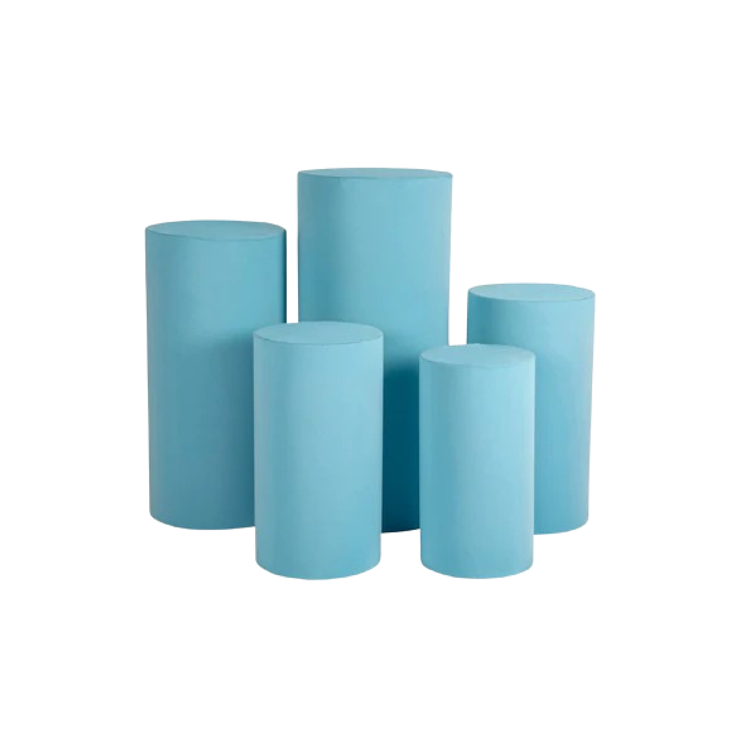 Set of five blue cylindrical candles of varying heights on a white background.