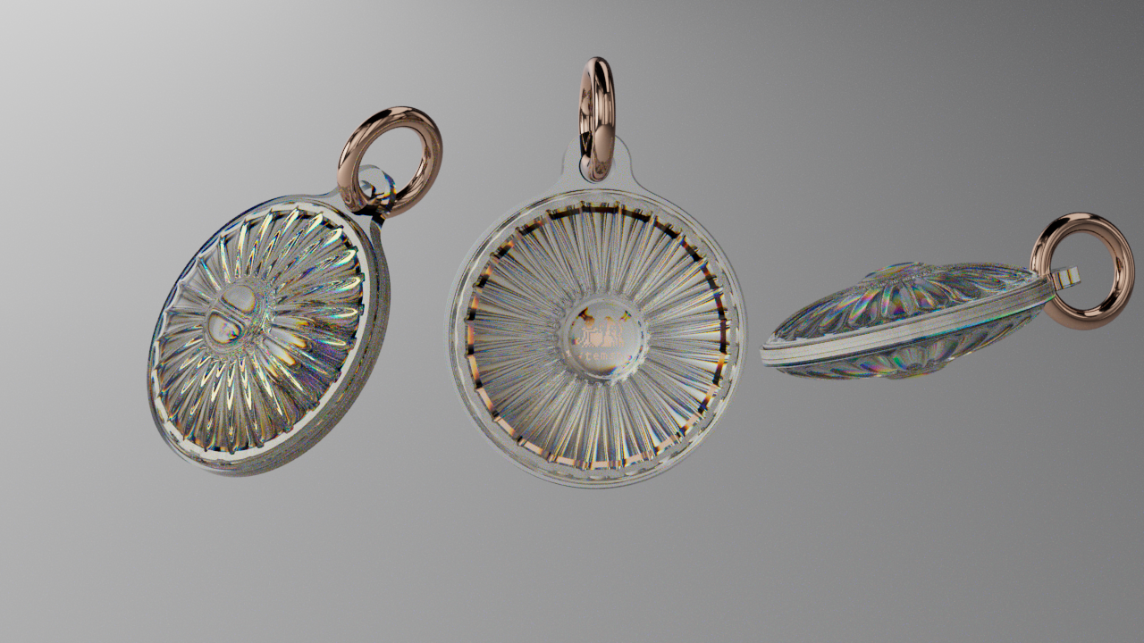 多面的なガラス製のペンダントトップが3つ並んでいる。