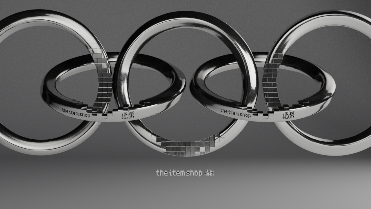 四つの金属製のリングが浮かんでいる。背景は灰色。リングには"the item shop"の文字が刻まれている。