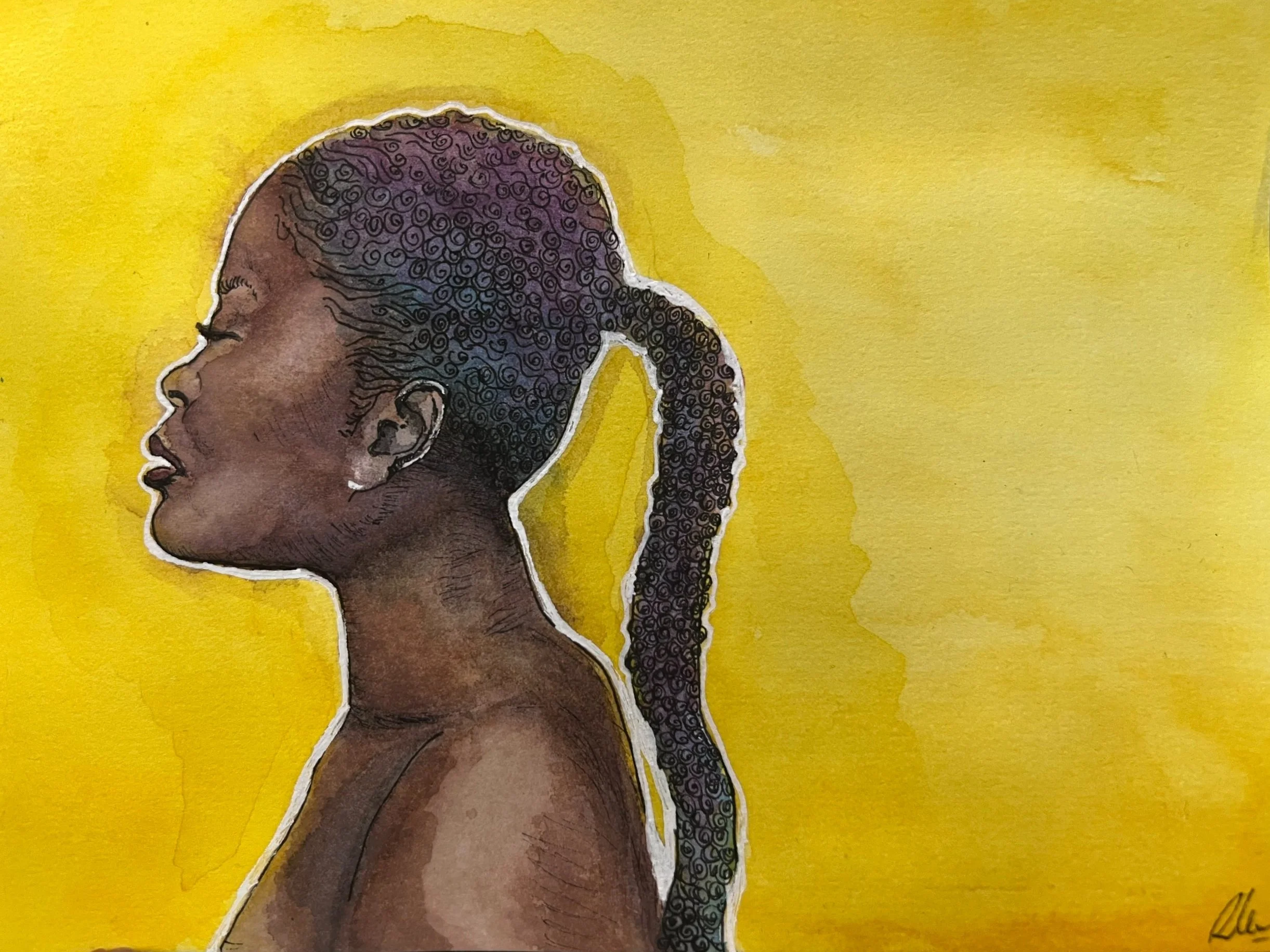 Watercolor painting of a woman with dark skin, curly hair styled in a ponytail, and a serene expression, set against a yellow background.