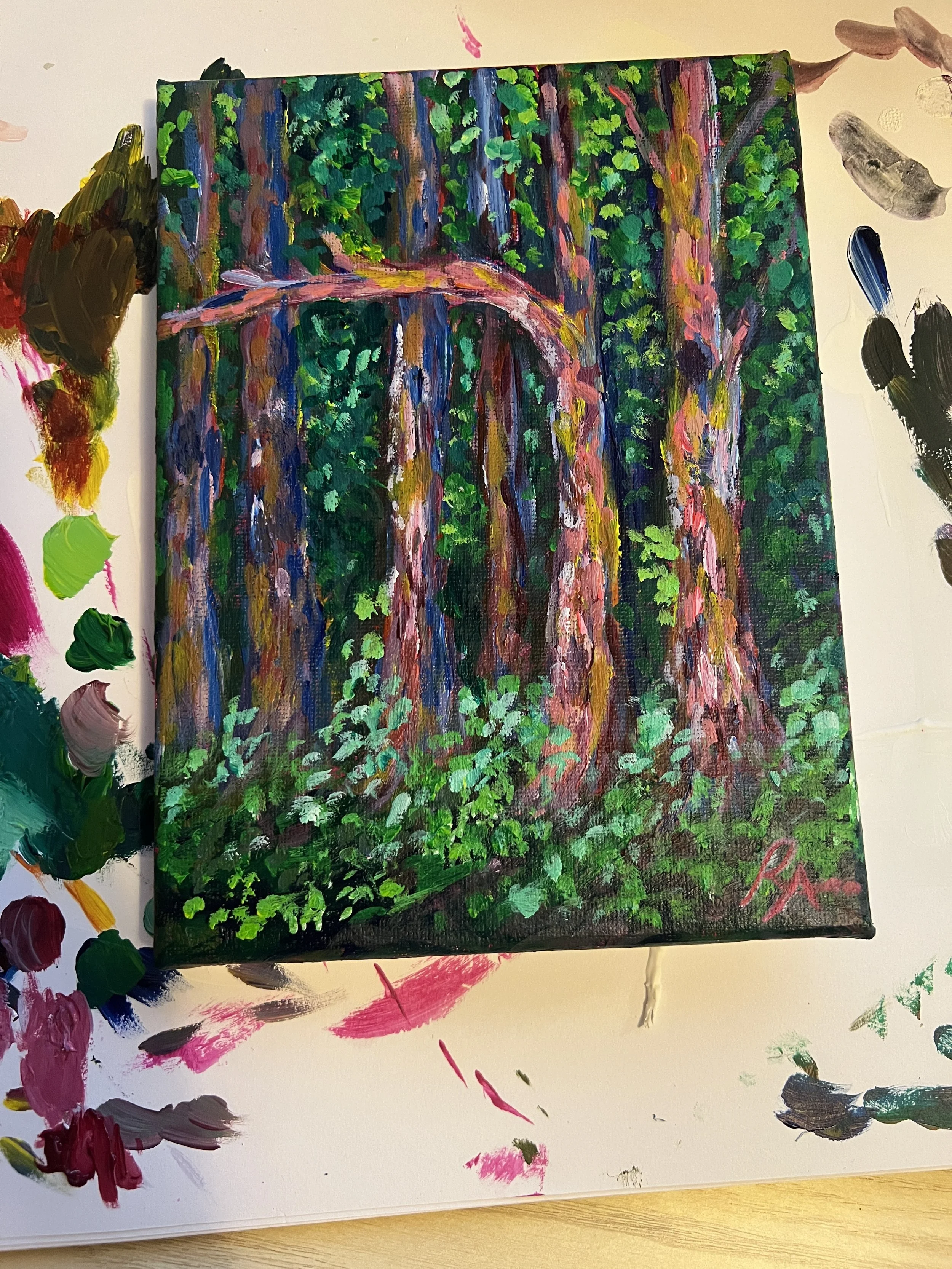 A painting of trees in folliage by Rochelle Anne, in the process - Rochelle Anne Art