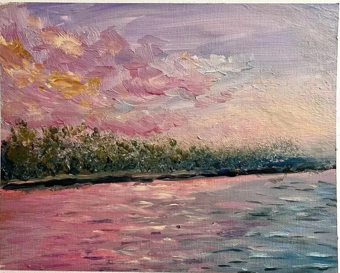 An impressionistic painting of a sunset over a body of water with pink and purple clouds and a treeline in the distance.