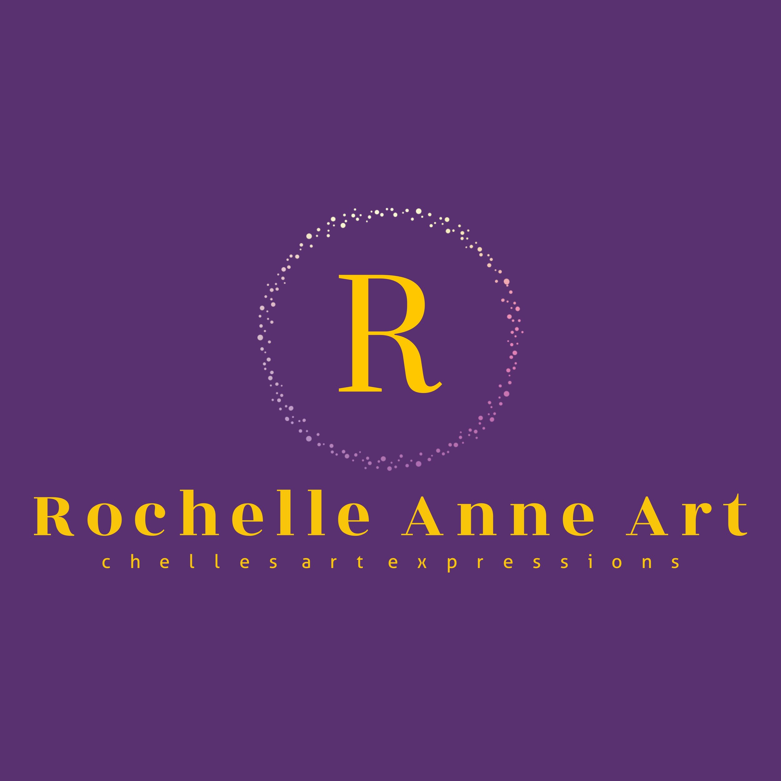 A purple background with a dotted circular design, yellow text displaying a large letter 'R' at the center, and the words 'Rochelle Anne Art' and 'chellesartexpressions' written below in yellow.