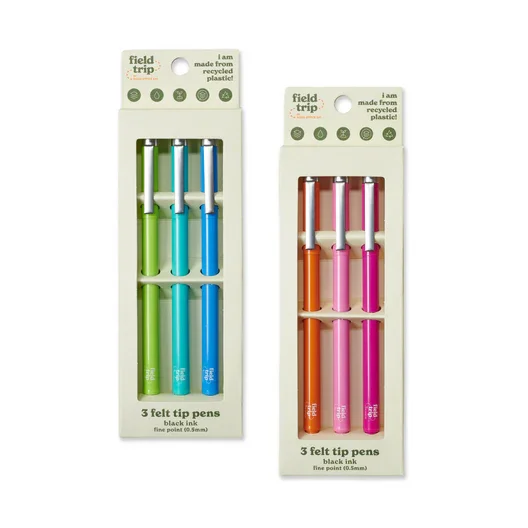 Two packs of felt tip pens, one with green, blue, and teal pens, and the other with orange, pink, and purple pens, all in packaging labeled as made from recycled plastic.