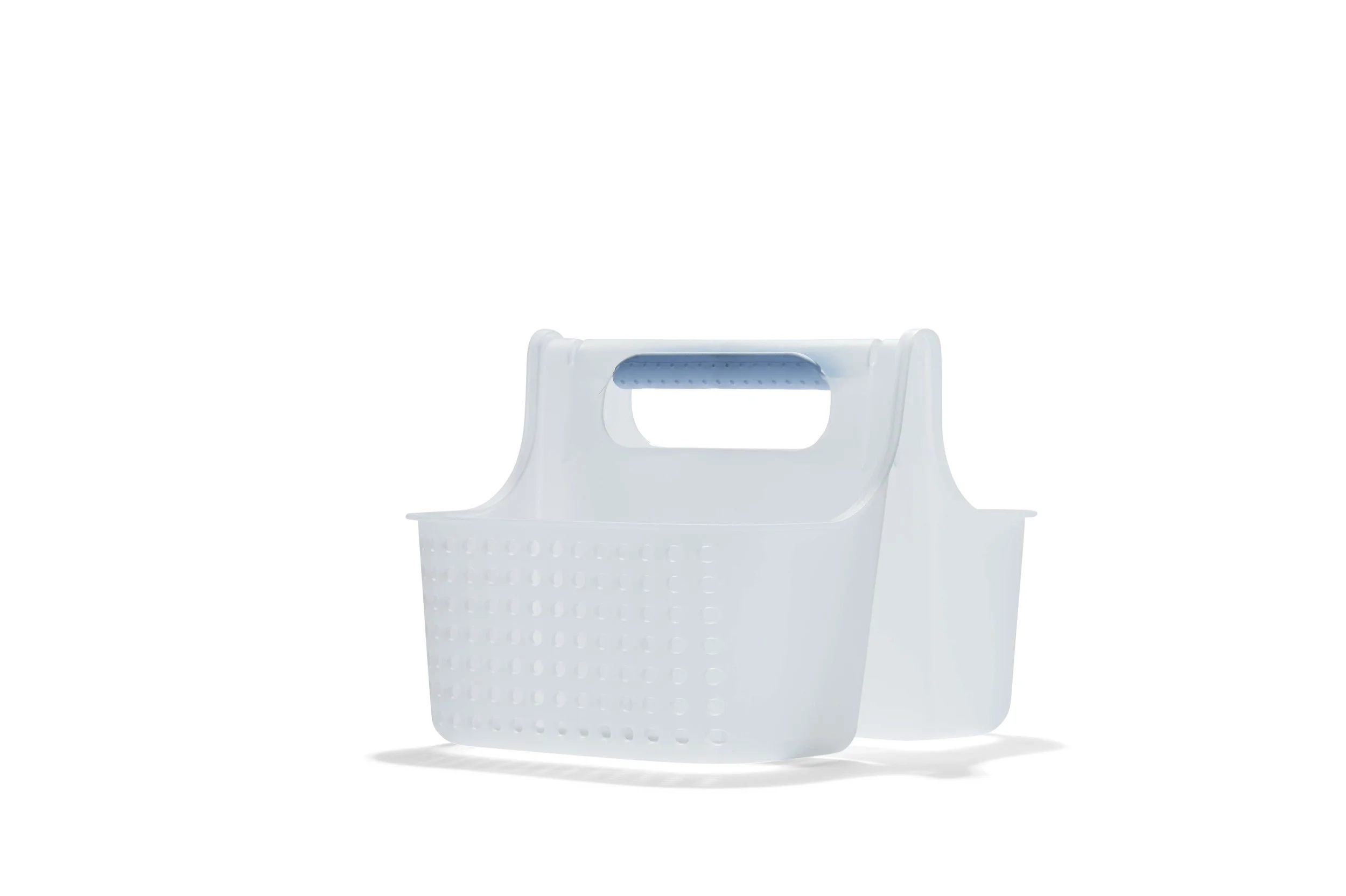 A white plastic laundry basket with a blue handle grip, positioned with the front slightly to the left on a white background.