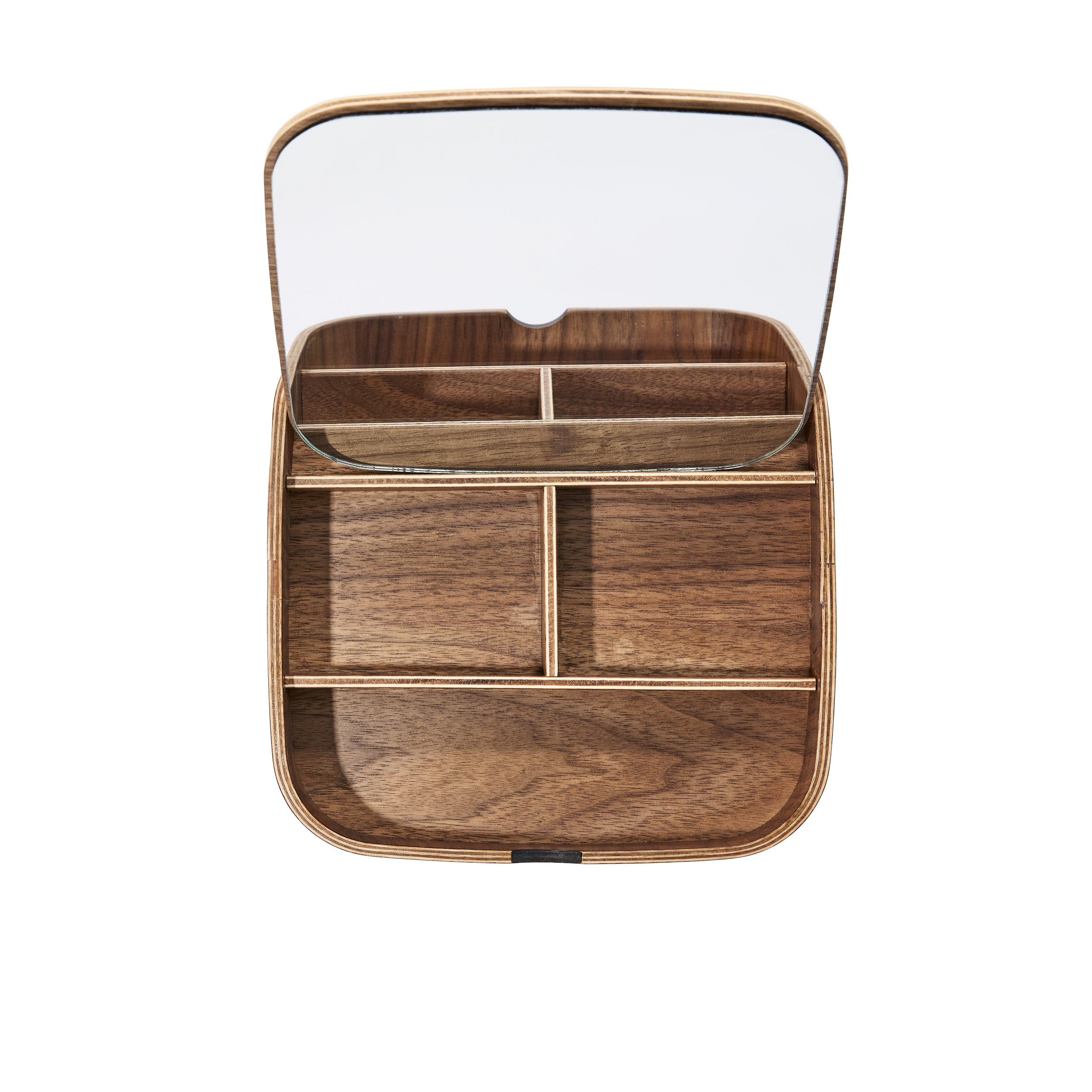 Wooden storage box with a mirror on the lid and divided compartments inside.