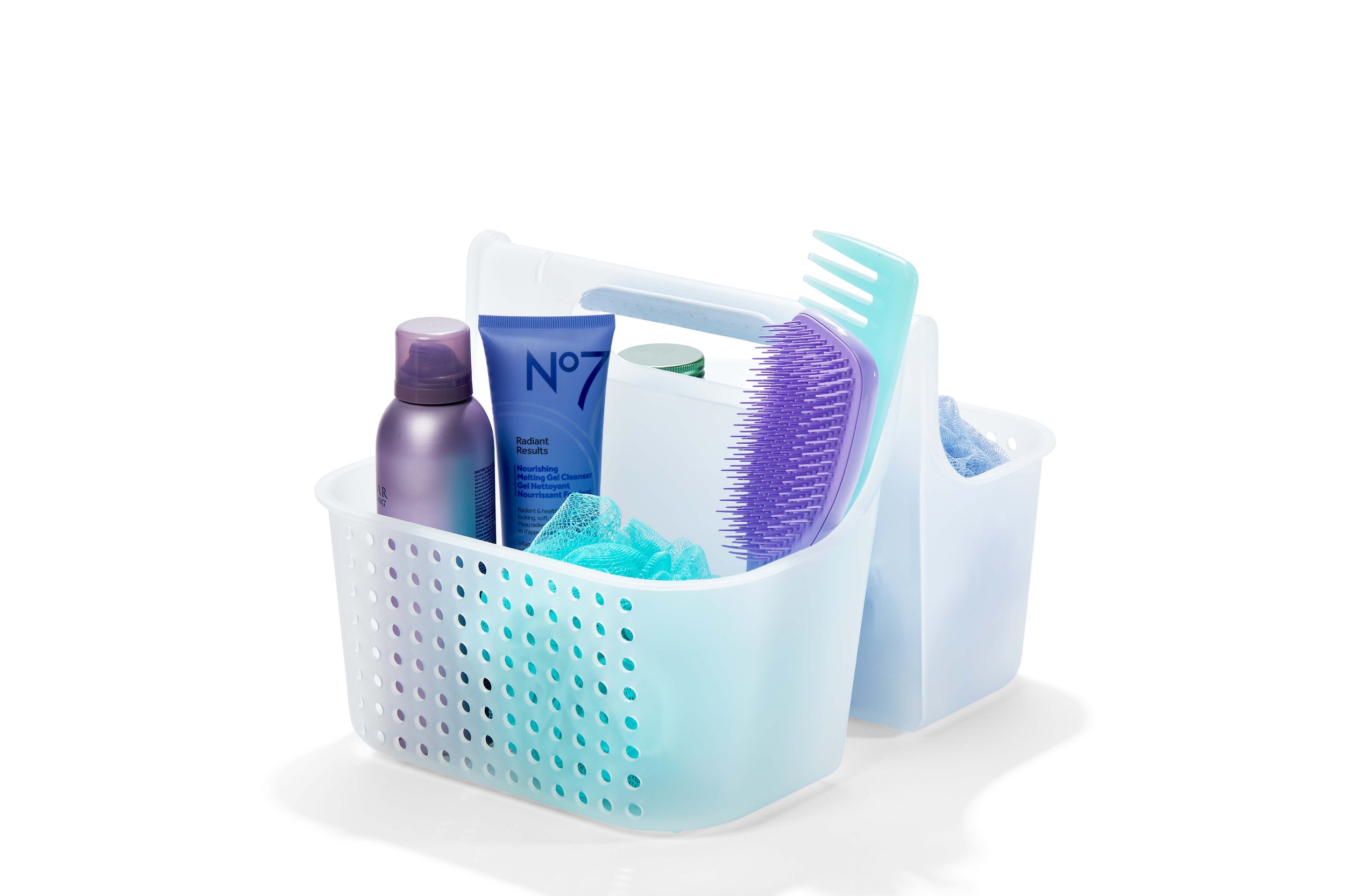 Plastic bathroom organizer with toiletries including shampoo, lotion, hairbrush, and washcloth.