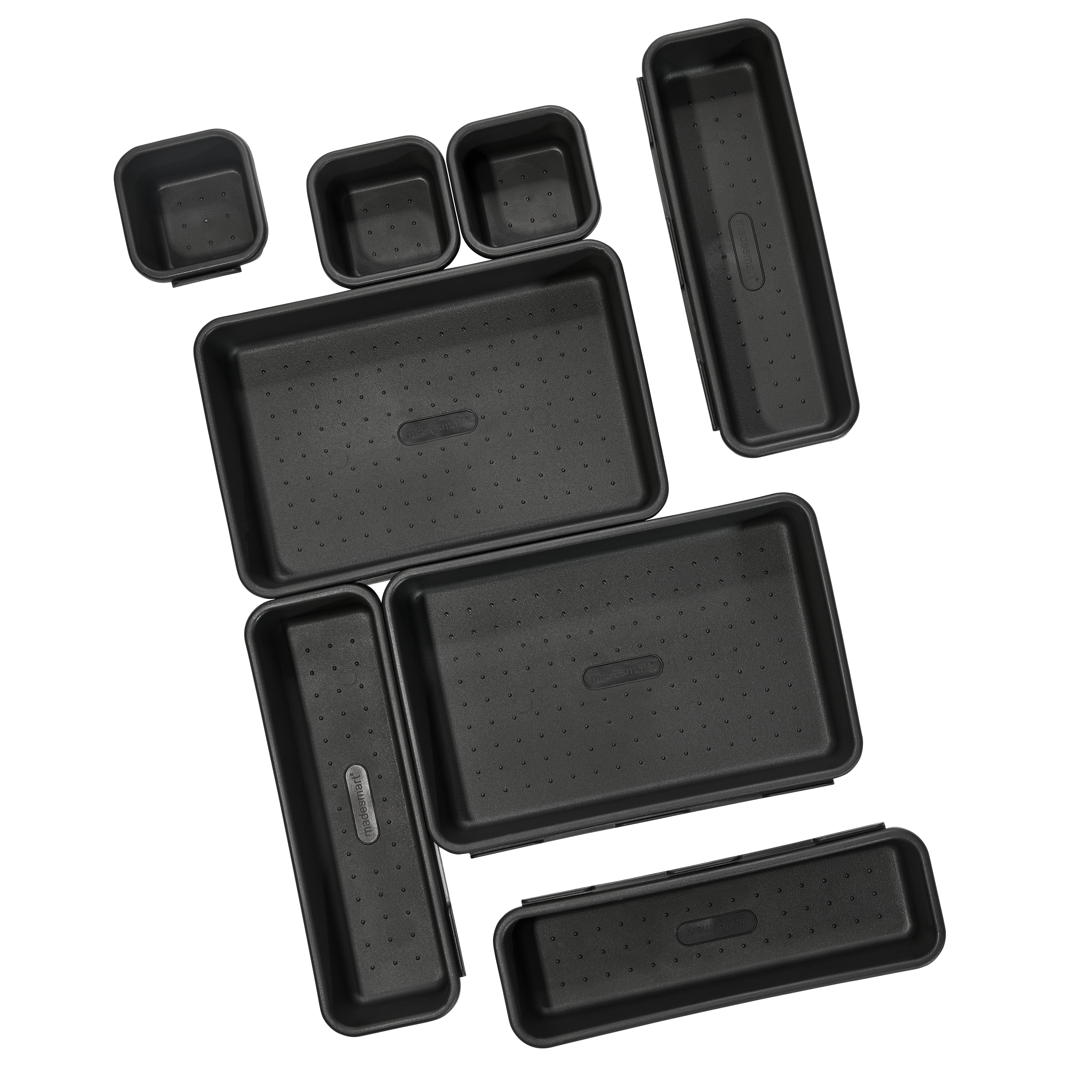 Set of black plastic storage containers and lids in various sizes displayed on a black background.