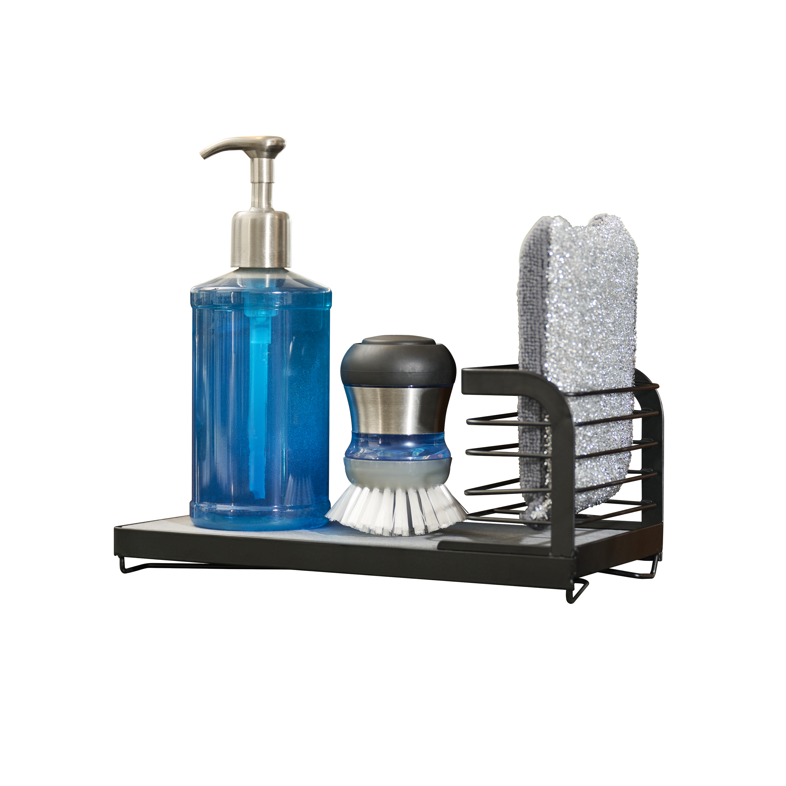 Black metal countertop organizer holding a blue liquid soap dispenser, a cleaning scrubbing brush, and a sparkly silver sponge.