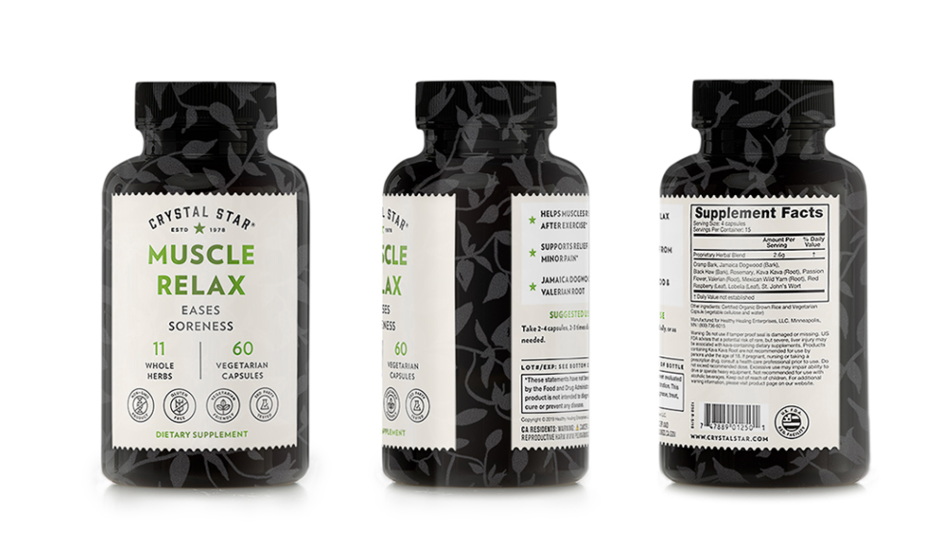 Three bottles of Crystal Star Muscle Relax dietary supplement with black bottles featuring a leaf pattern and white labels displaying product information.