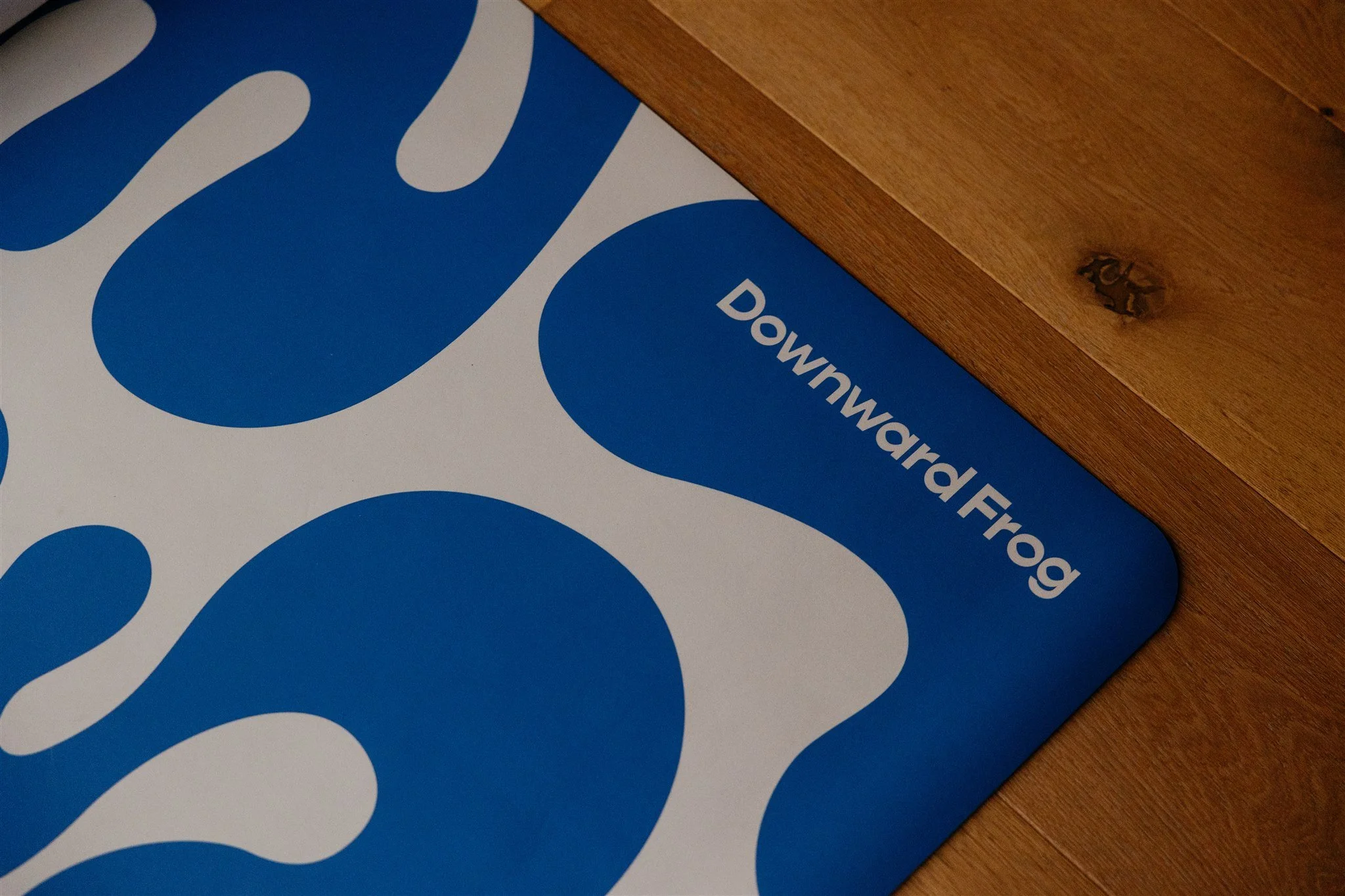Corner of a downward frog mat, blue and white on a hard wood floor.