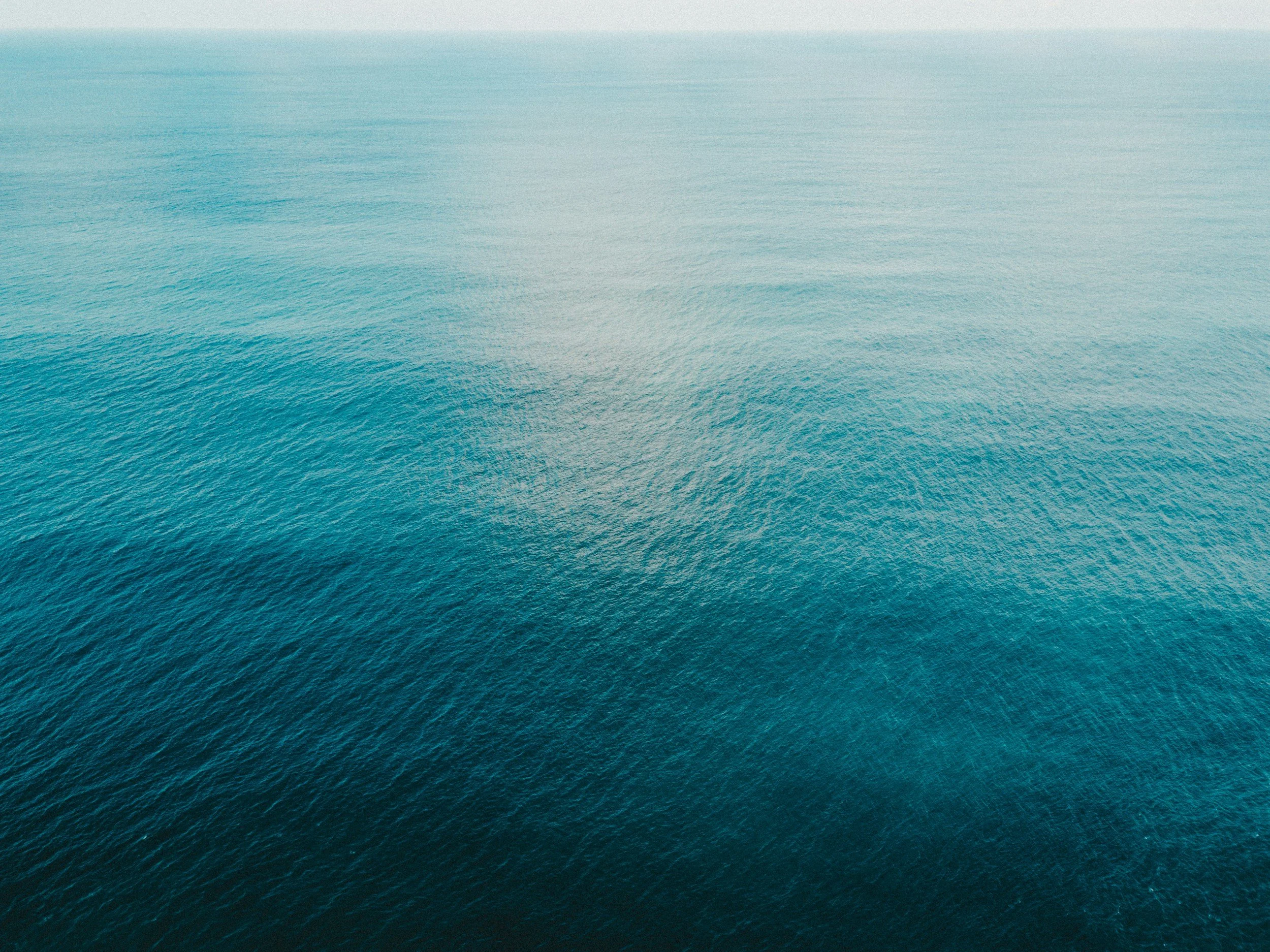 Open ocean with calm, rippling water, extending to the horizon.