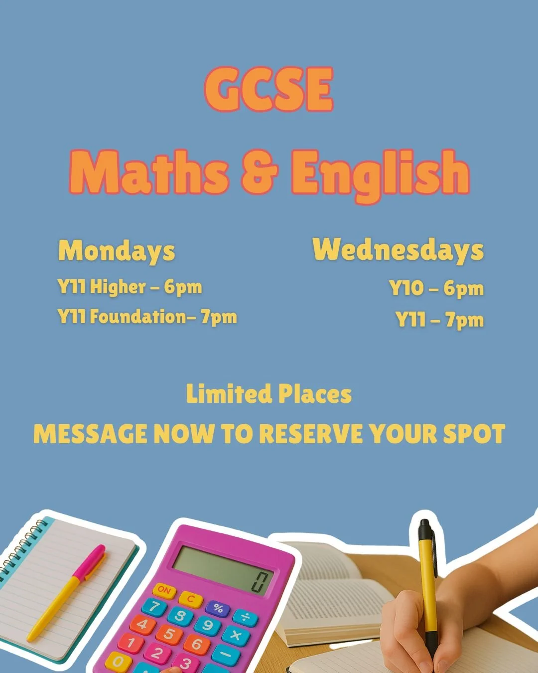 Face-to-face group tuition with experienced GCSE teachers in Timperley Village.

📆 Mondays
Maths
Y11 Higher &ndash; 6pm
Y11 Foundation &ndash; 7pm

📆 Wednesdays
English
Y10 &ndash; 6pm
Y11 &ndash; 7pm

Maths
Y10 - 7pm

Limited places. Message now t