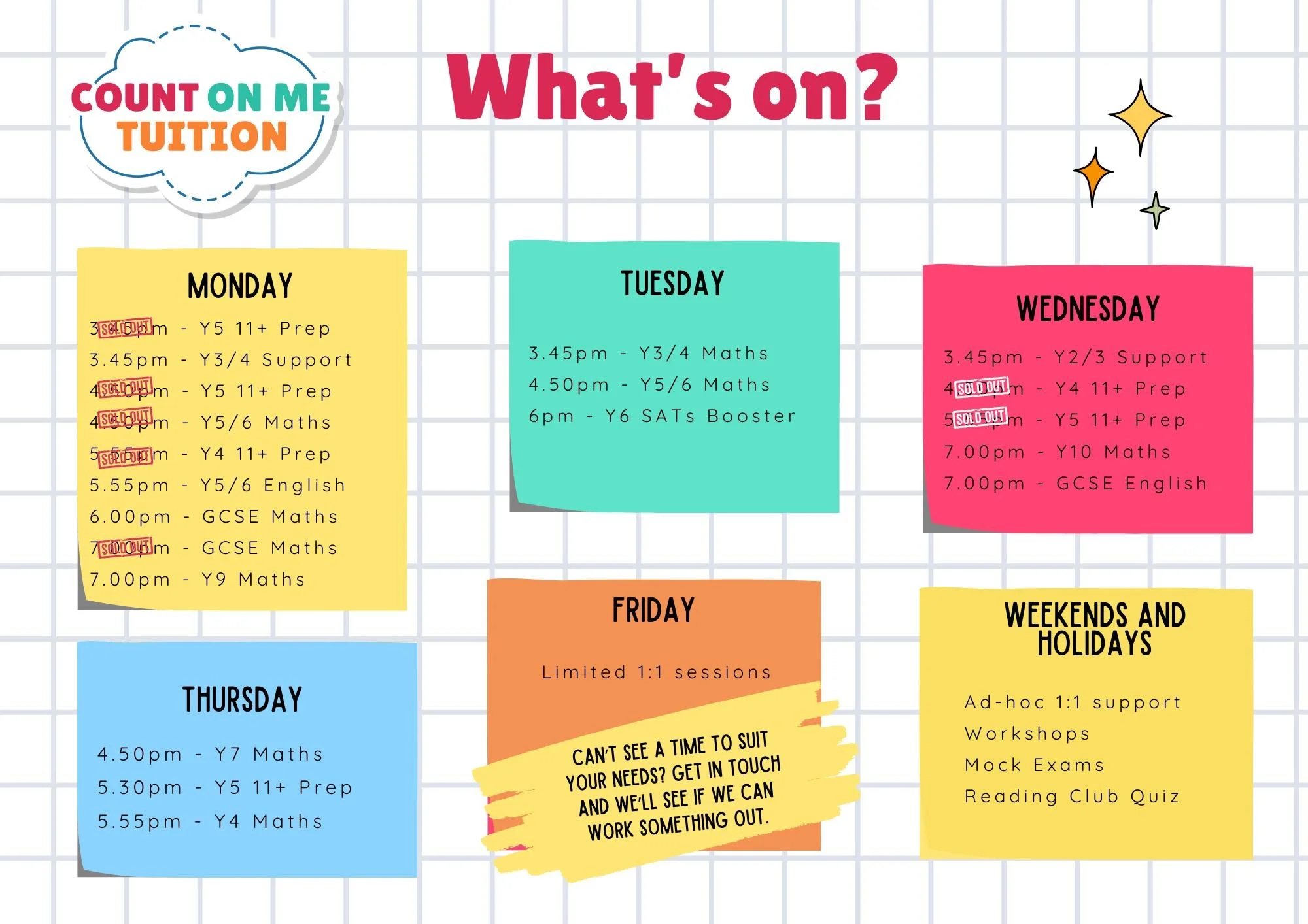 Updated timetable - places filling fast.

Don't miss out - get in touch today to see how we can help you.

Share to any friends who may need support too 🩷