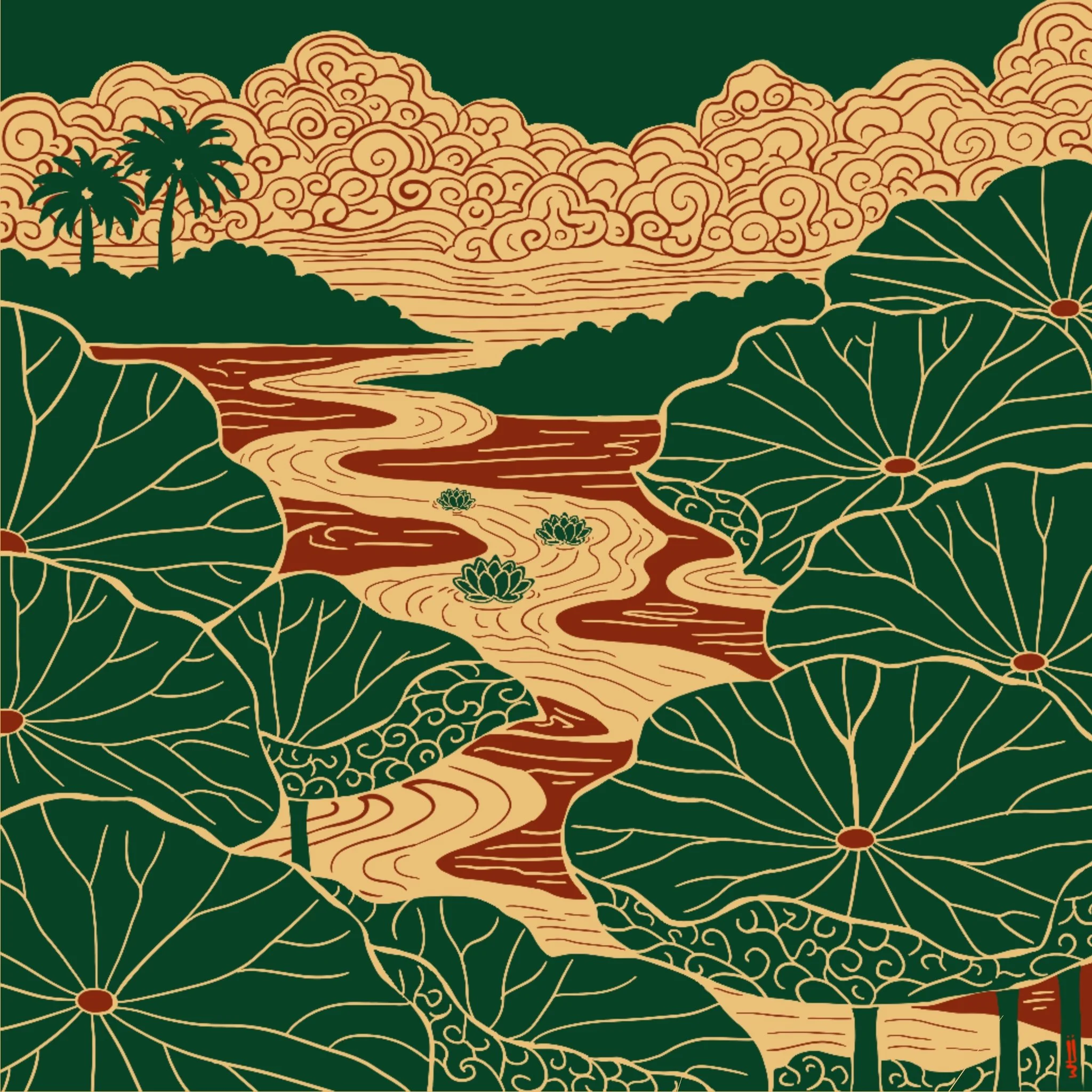 Natural Connections EP artwork, an illustration of a river and plants.