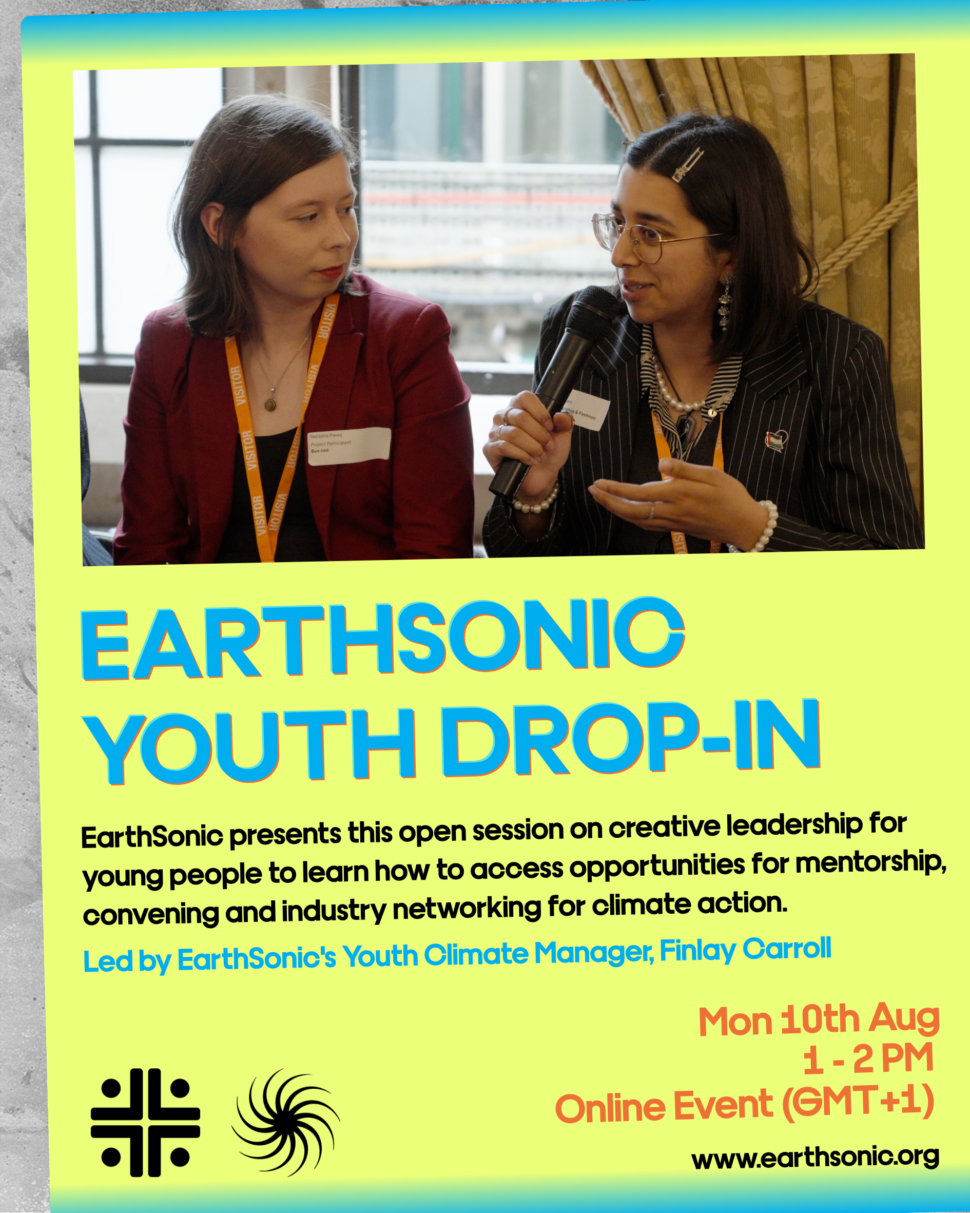 A graphic for the EarthSonic Youth Drop-In online session, Monday 10th August 1-2pm (GMT) Online.