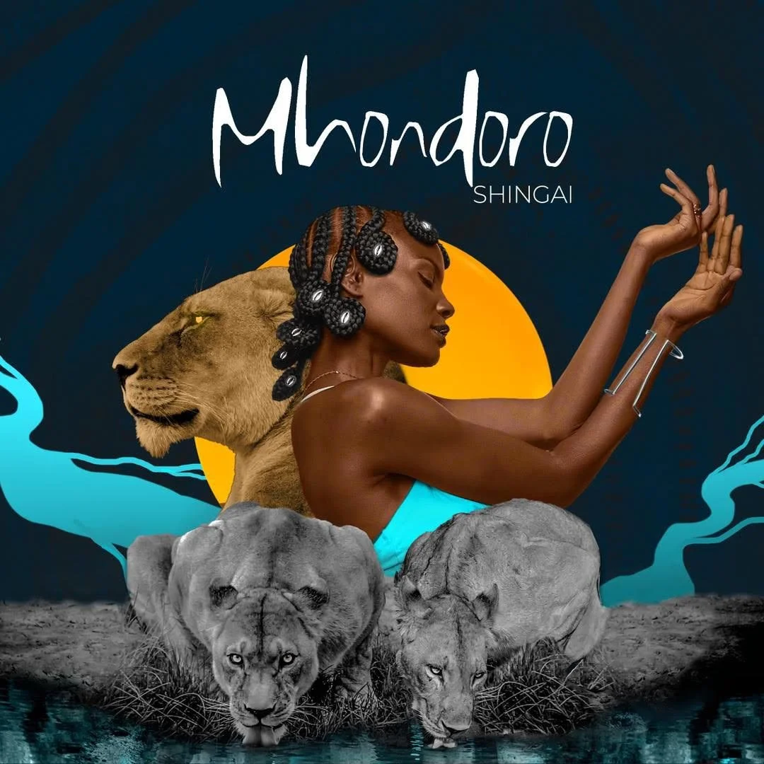 Cover artwork for the Mhondoro Remix EP by Shingai. A photo of Shingai overlays a photo of a winding river with two lions.