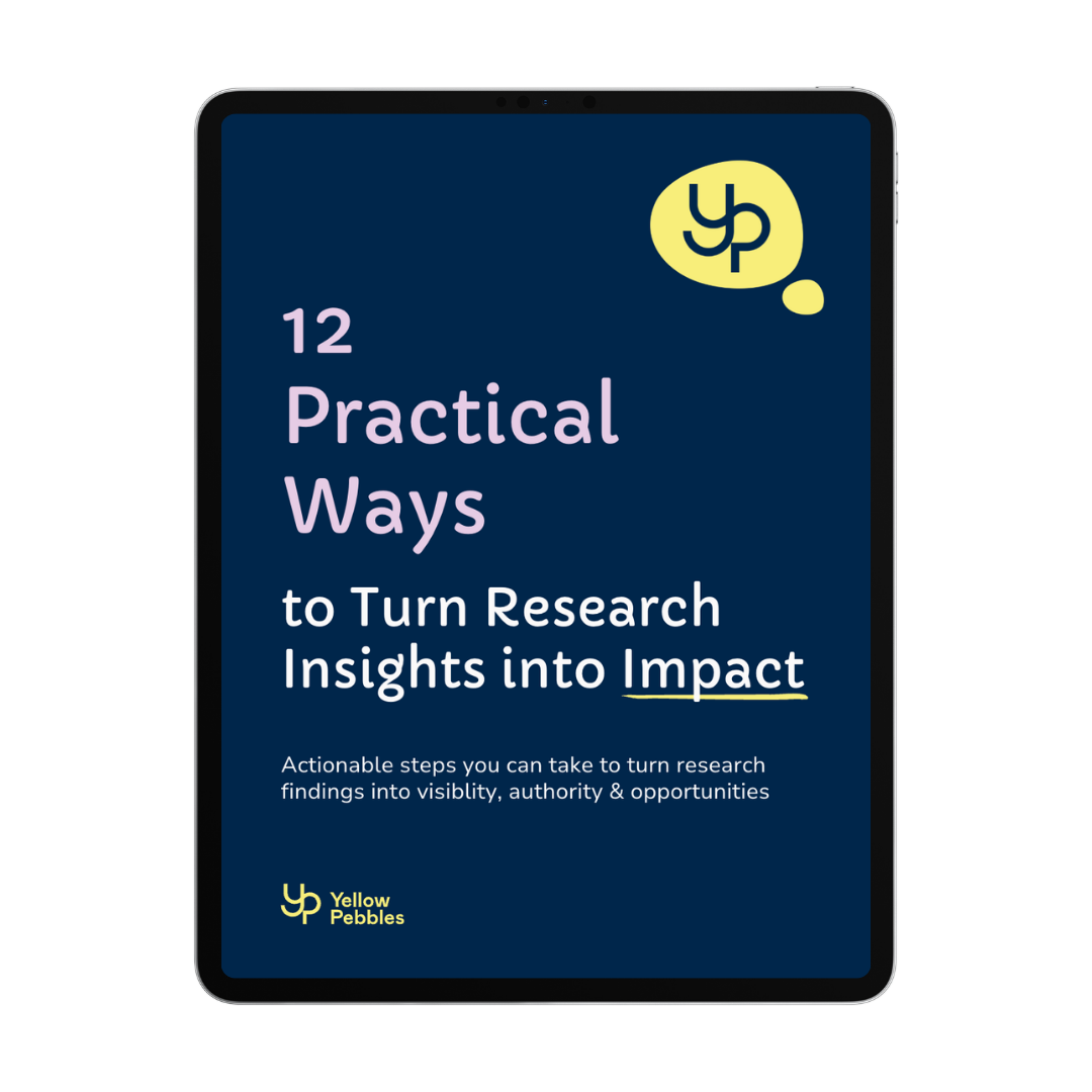 ipad with navy background and white title that reads 12 practical ways to turn research insights into impact